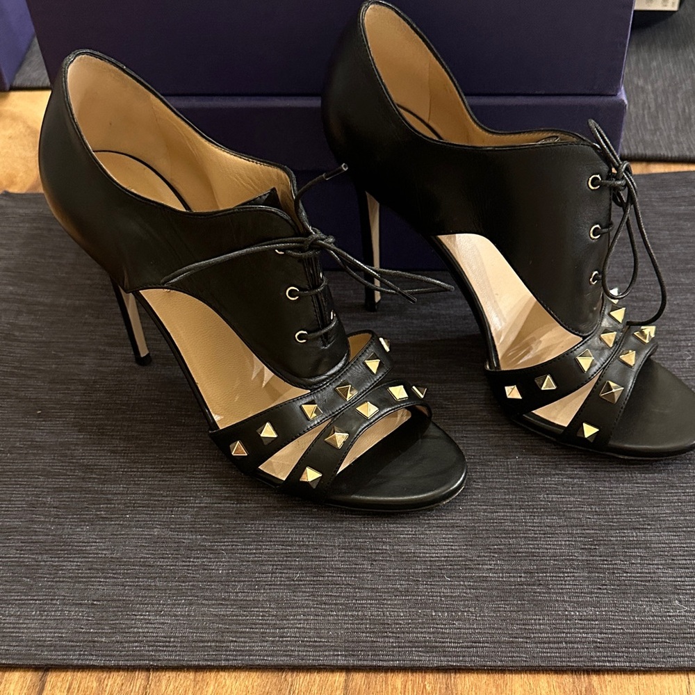 Valentino Black Leather Lace-Up Heels with Gold Pyramid Studs